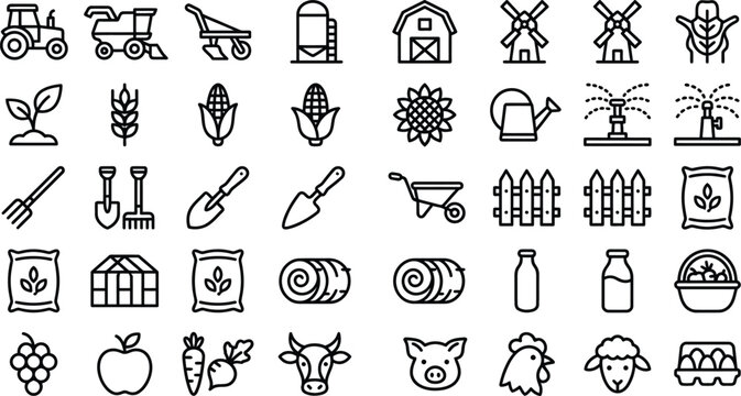 Set of simple farming and agriculture line icons