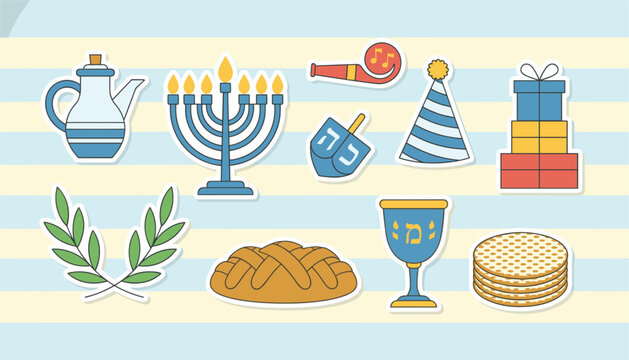 Array of festive hanukkah icons featuring a blue oil jug, menorah, dreidel, party hat, stacked gifts, bread, wine cup, and olive branch leaves.