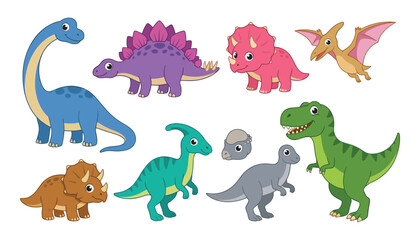 Naklejka premium Cute Cartoon Baby Dinosaur Vector Set with TRex Brachiosaurus Triceratops and Pterodactyl Characters for Children Educational Graphic and Birthday Party Designs
