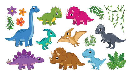 Cute Cartoon Dinosaur Vector Set with T-Rex Triceratops Brachiosaurus Stegosaurus and Tropical Jungle Leaves for Children Education and Birthday Party Designs © Moner