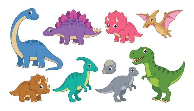 Cute Cartoon Baby Dinosaur Vector Set with TRex Brachiosaurus Triceratops and Pterodactyl Characters for Children Educational Graphic and Birthday Party Designs