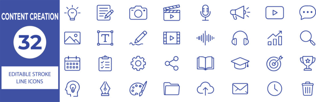32 Content Creation Vector Outline Icons Set,Video, Audio, Photography, Design and Digital Media Line Symbols Collection