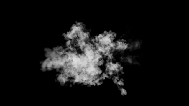 Looping video animation of cartoon style smoke explosion with puff blast dust particles in 4K resolution alpha channel effect moving on black screen background for visual effects motion graphics