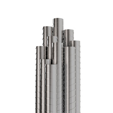 Steel rebar bundle construction material. 3D render of heavy metal rods for building reinforcement, engineering and manufacturing backgrounds