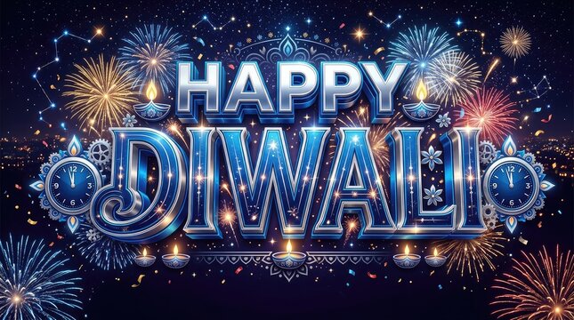 Celebratory diwali greeting with fireworks lanterns and clock elements in festive design with showcases vibrant Diwali celebration graphic with graphic