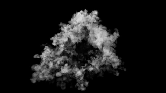 Looping video animation of cartoon style smoke explosion with puff blast dust particles in 4K resolution alpha channel effect moving on black screen background for visual effects motion graphics