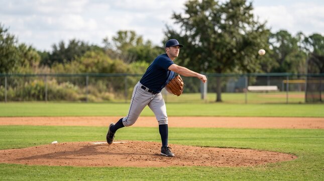 Baseball pitcher in action throwing a pitch during a game on a sunny day with green grass and trees in the background