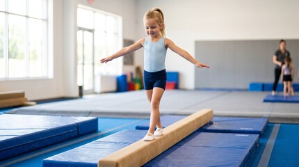 Fototapeta premium Young girl practicing balance beam in gymnastics class with instructor watching
