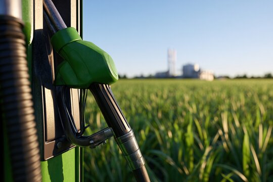 Green fuel dispenser nozzle with sugarcane field and biofuel plant in background