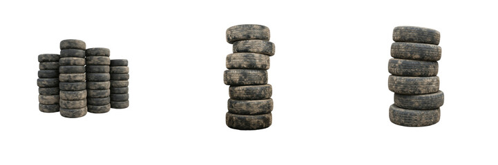 Set of three isolated stacks of old dirty used vehicle rubber car tires in upright vertical columns cutout cutout on transparent background PNG © Badar
