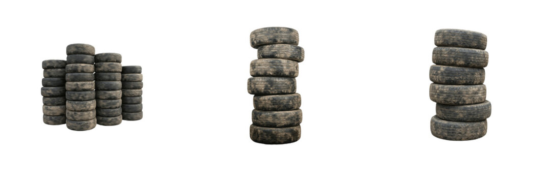 Set of three isolated stacks of old dirty used vehicle rubber car tires in upright vertical columns cutout cutout on transparent background PNG