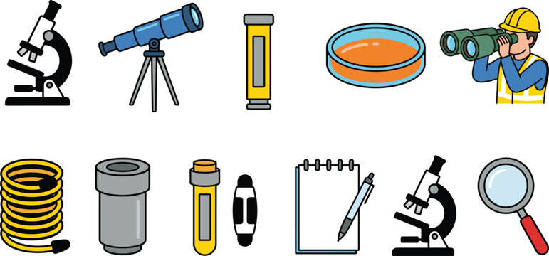 Science laboratory and observation tools icon set with microscope, telescope, magnifying glass, and notebook, vector illustration