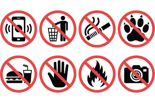 Prohibited icon featuring no phone, littering, smoking, pets, eating, drinking, touching, fire, and photography restriction symbols for safety rules