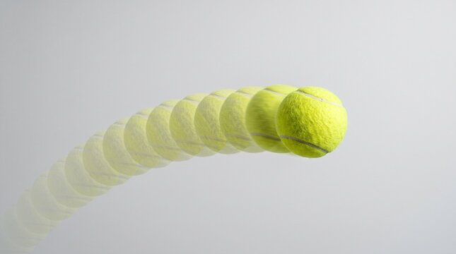 Tennis ball motion sequence showing trajectory and speed on a light gray background