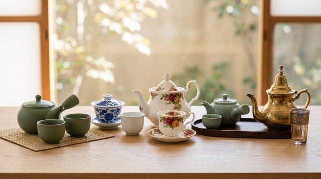 Elegant Tea Set Collection Featuring Diverse Teapots Cups and Saucers on Wooden Table with Soft Natural Light