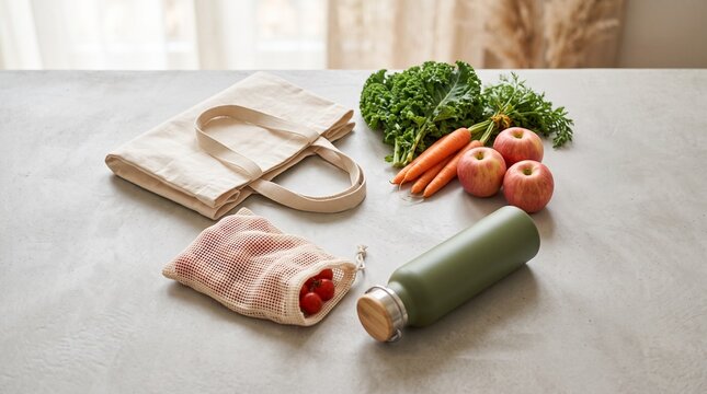Eco friendly grocery shopping with reusable bag, mesh produce bags, fresh vegetables, fruits, and water bottle