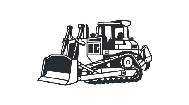 Black and White Illustration of a Heavy Construction Bulldozer