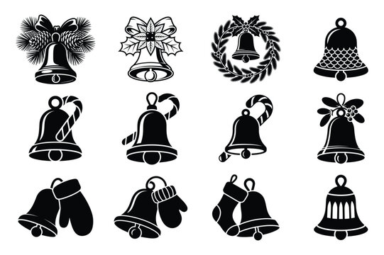 Set of christmas bells icons, holiday decorations with pine branches, candy canes, mittens, and stockings vector