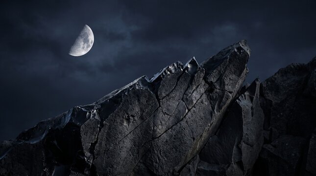 A balanced, artistic composition focusing on the diagonal lines of the ridges and the harsh interplay of silvery moonlight and absolute shadow.