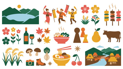 Fototapeta premium Japanese traditional culture icons flat design set pack.