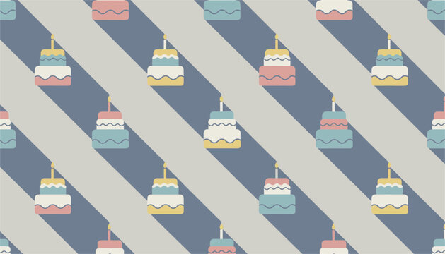 Seamless diagonal striped pattern of cute colorful three-tier birthday cakes casting shadows on a gray background.