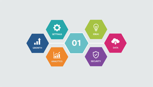 Colorful business infographic template with six labeled hexagonal nodes surrounding the central number one.