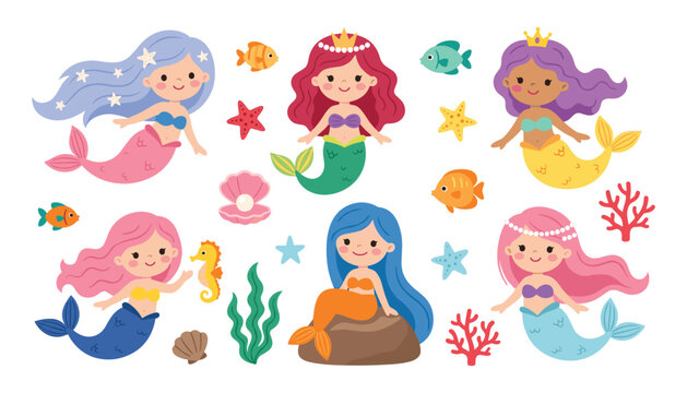 Cute Mermaid Vector Character Set with Colorful Hair Undersea Sea Animals Starfish Coral Reef Shell and Fish Elements for Kids Birthday Invitations and Nursery Designs