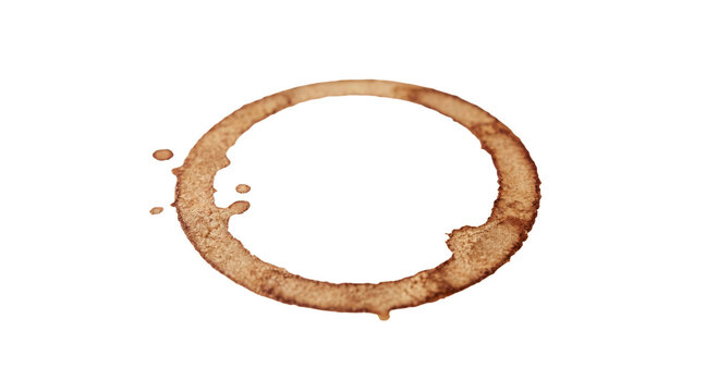 Brown coffee ring stain on a white background, a common beverage mark