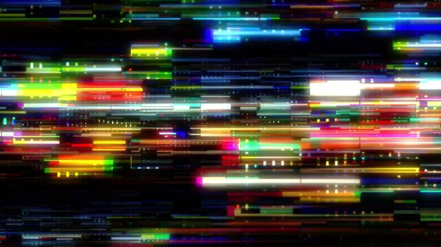 4K Colorful Digital Glitch Screen Overlay.Seamless looping retro neon glitch background effect for digital video distortion overlays.