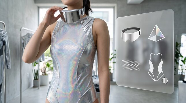 Young East Asian woman in Y3K metallic holographic bodysuit adjusting futuristic visor in boutique