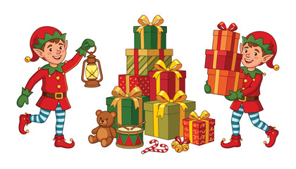 Naklejka premium Cute Christmas elves cartoon characters vector illustration with a massive pile of colorful holiday gifts and festive toys