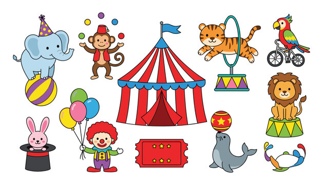Cute circus vector elements set featuring carnival tent animals clown juggling monkey elephant tiger lion and balloons isolated on white background