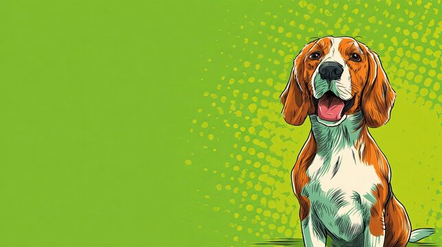 Happy beagle dog portrait captured in a vibrant comic book art style featuring bold lines and bright vivid green background