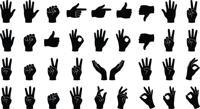 Hand gestures and counting signals black silhouette vector illustration set for design icon elements