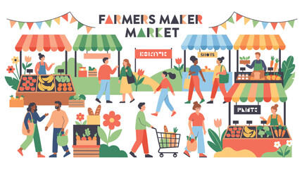 Fototapeta premium Farmers market scene with people shopping for fresh produce.