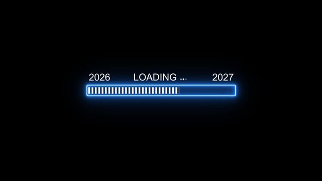 Neon blue loading bar transitioning from 2026 to 2027 with digital glitch effect progress bar new year