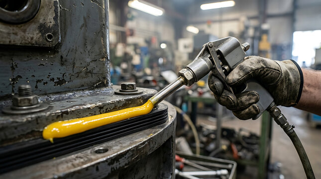 Worker applying grease to industrial machinery with a lubrication gun during manufacturing in a workshop