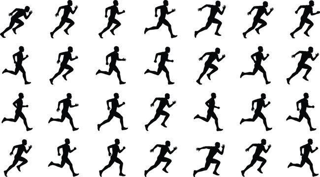 Male runner sequence silhouettes set, running animation cycle, sprinting motion 