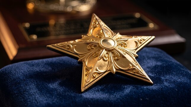 Ornate gold star military medal resting on velvet cushion with wooden plaque