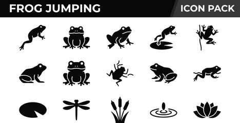 Fototapeta premium Set of black frog jumping icons featuring various amphibian poses and pond life