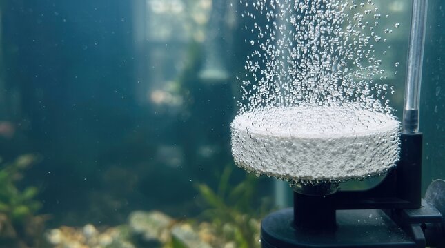 Underwater scene featuring an aquarium air stone diffuser creating a delicate dance of oxygen bubbles for a healthy and vibrant aquatic ecosystem