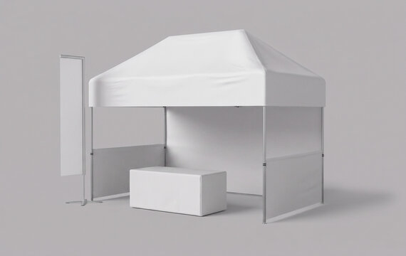 Blank White Promotional Canopy Tent with Counter and Flag Banner Mockup