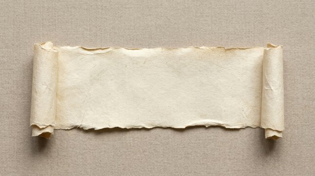 A blank piece of aged vintage parchment paper scroll isolated on a simple plain light brown textured paper background