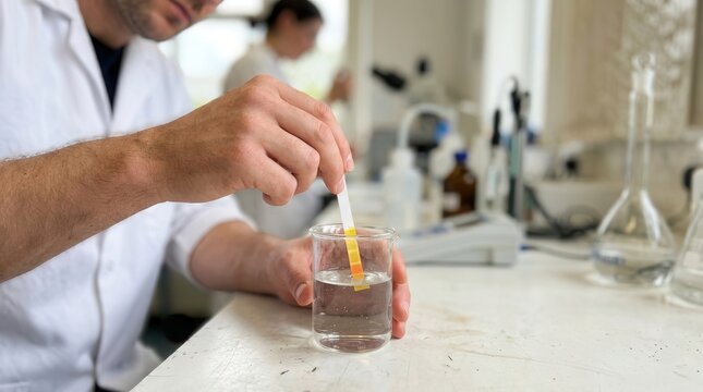 Researcher performs a precise pH level test using a chemical indicator strip in a sterile laboratory environment for advanced scientific analysis