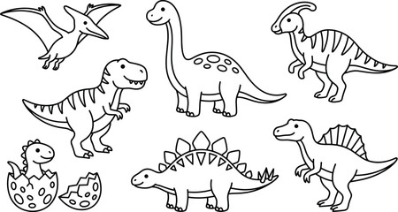 Dinosaur line art collection vector illustration featuring black outline prehistoric creatures for kids activity book design © MdEajdani