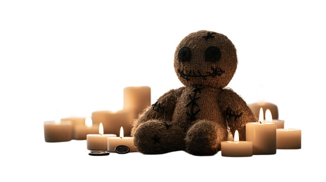 Burlap voodoo doll surrounded by lit candles isolated on transparent background png cutout