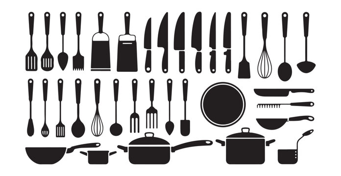 Complete kitchen tools collection with spatulas, whisks, knives, graters, pots, and pans