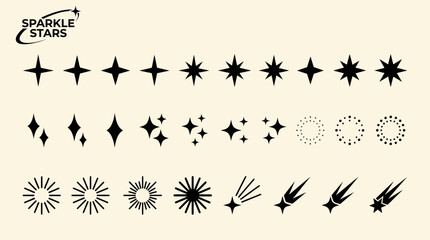 Fototapeta premium Extensive collection of decorative starburst and sparkle shapes in multiple vector styles for icons, logos, UI design, and graphic art