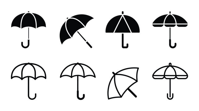 Beach umbrella silhouettes, black vector illustration set, summer vacation symbols, seaside travel and tropical holiday elements, sunshade and parasol designs eps 10.