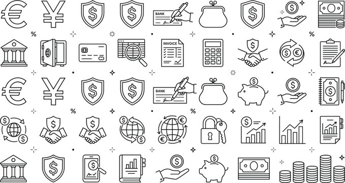 Corporate finance banking and financial audit line icons big set with global currency shield agreement calculator wallet symbols